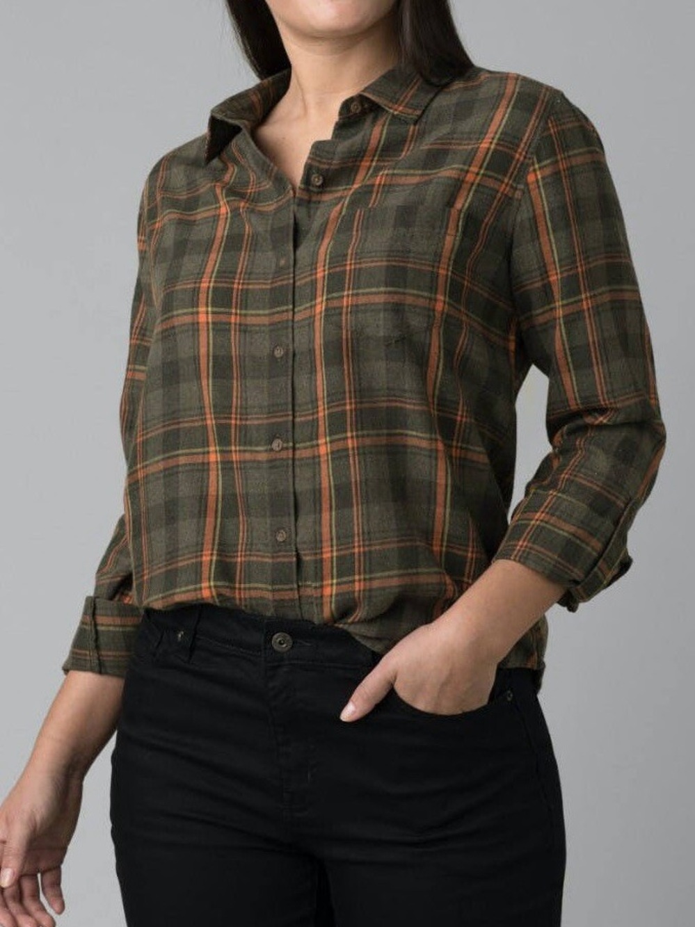 PrAna Alfie  Olive Green and Orange Plaid Button-Down Shirt Sz S